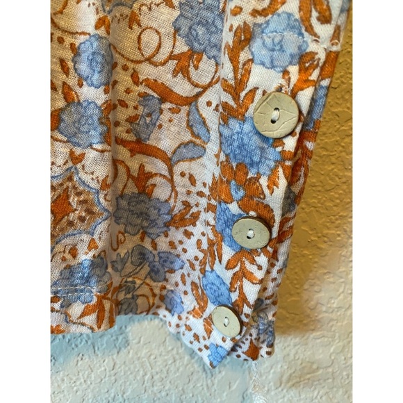 Floral Print Women's Linen Top - Orange and Blue - Picture 5 of 6